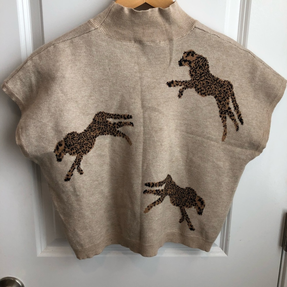 Entro Cream Beige Knit Leopard Motif Sweater Blouse Top Women’s Large - Picture 5 of 7
